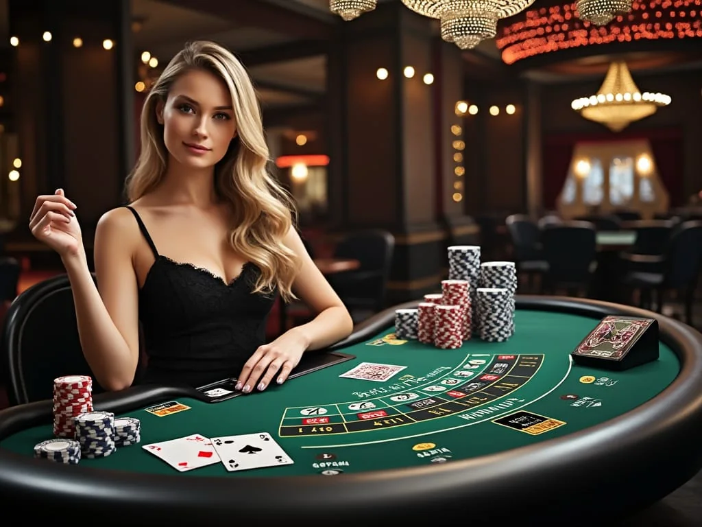 Tampilan meja kasino live dengan dealer dan suasana permainan real-time